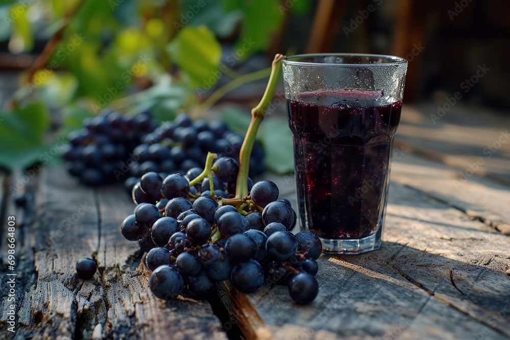 Black grape juice in a glass on a wooden table Black grape juice in a glass on a wooden table