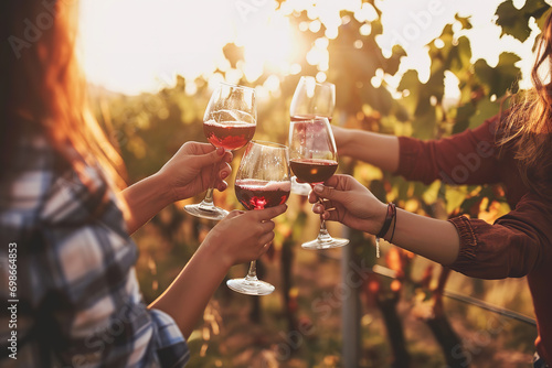 Blurred image of friends toasting wine in a vineyard in the daytime outdoors. Happy friends having fun outdoors