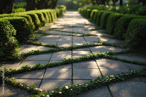 A pathway with a green hedge on both sides.