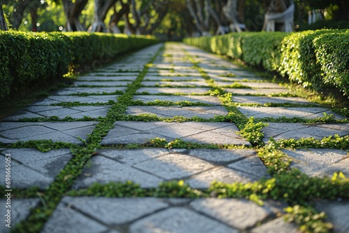 A pathway with a brick design and greenery.
