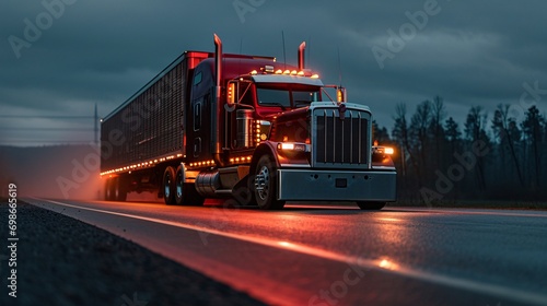 A red semi truck with lights on the front driving down a road at night