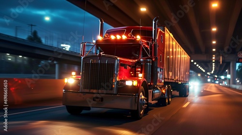 A red semi truck driving down a highway at night