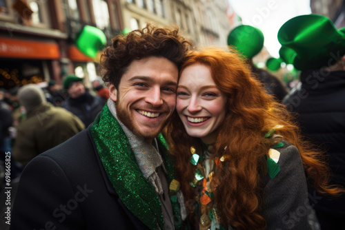 Red-haired woman and her red-haired boyfriend, both adorned in festive St. Patrick's Day attire © Veniamin Kraskov