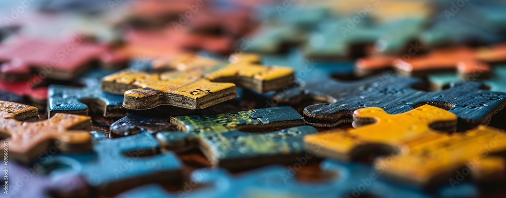 A colorful puzzle with various pieces