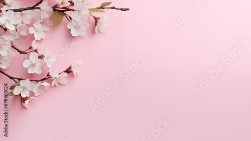 Frühlingsanfang Banner. Zarte weiße Kirschblüten auf pastellrosa Hintergrund mit Platz für Text. Grußkarte photo
