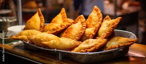 Street food market in Spain sells traditional fried Spanish and Argentine empanadas. photo
