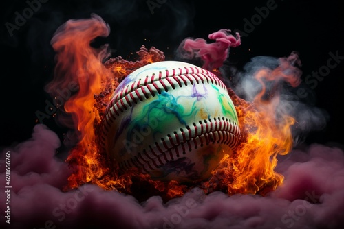 Baseball spectacle Colorful ball pops against a mysterious, smoky background photo