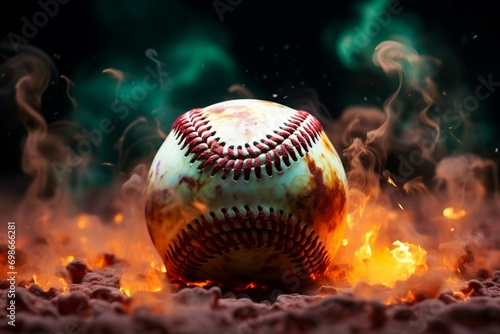 Baseball spectacle Colorful ball pops against a mysterious, smoky background