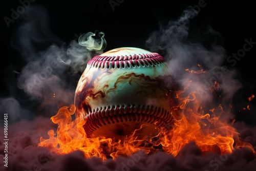 Smoky allure Colorful baseball ball captures attention against a mysterious backdrop