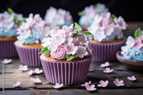 Beautiful Spring Flower Cupcakes on a Wooden Table