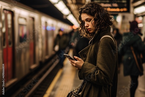Woman on a subway train looking at her phone photo