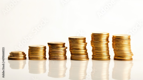 Several stacks of gold coins in different heights arranged from tallest to shortest against a white background