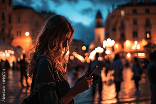 A woman looking at her cell phone in a city at night