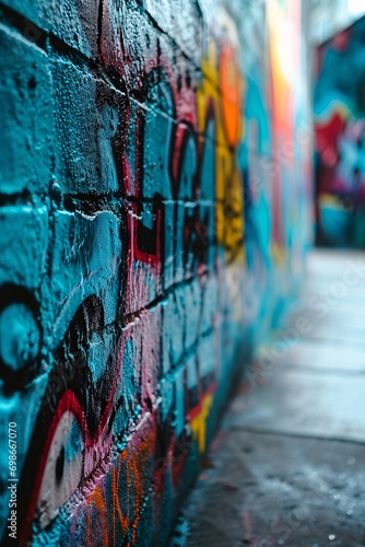 A colorful brick wall with graffiti
