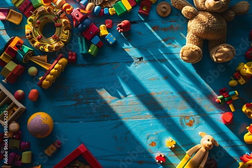 A colorful assortment of toys and stuffed animals on a blue table