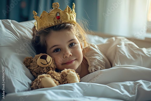 niña ingresada en la cama de  un hospital junto a un oso de peluche y llevando una corona dorada en su cabeza, concepto reyes magos photo