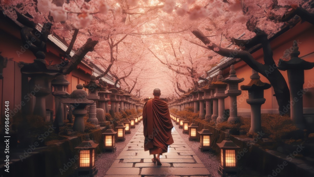 Rear View of Buddhist Monk Walking Under Cherry Blossom Tree Rear View of Buddhist Monk Walking Under Cherry Blossom Tree