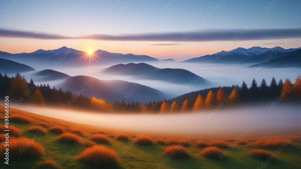 Sunrise view in the foggy mountain background