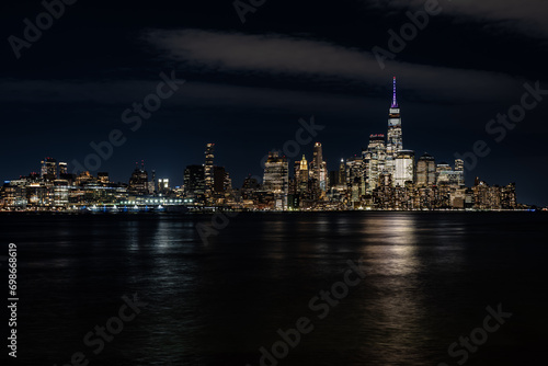 Night image of Lower Manhattan skyline  New York City  from Hoboken  NJ.