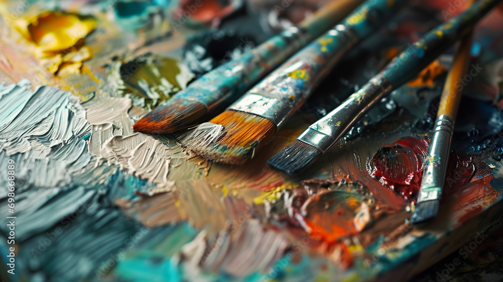 Artist's palette and brushes on the table Artist's palette and brushes on the table