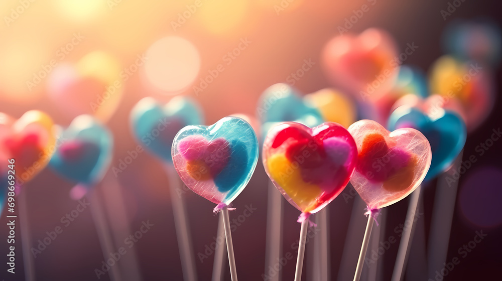 Defocused lollipop heart shaped candy, Valentine's Day background Defocused lollipop heart shaped candy, Valentine's Day background