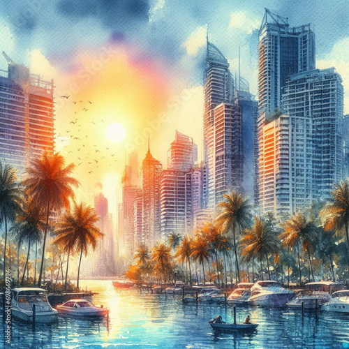 uma pintura em aquarela de uma cidade com palmeiras e arranha-céus ao pôr do sol.  photo