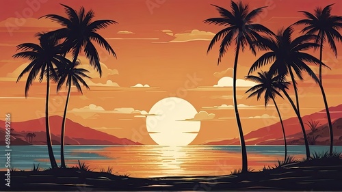 Photorealistic Seascape with Palm Trees Bathed in Warm Hues. © Md