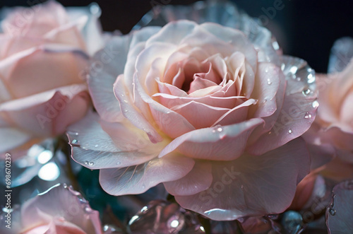 Transparent rose blooms in Kirlian essence, a timeless blend of classic elegance and sophistication. Soft, natural lighting creates a romantic atmosphere.
