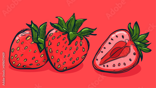 Set of Strawberry fruit, Vector illustration in one line sketch style, flat hand drawn sketch, Colorful fruit with shadow and light, isolated on colored background.