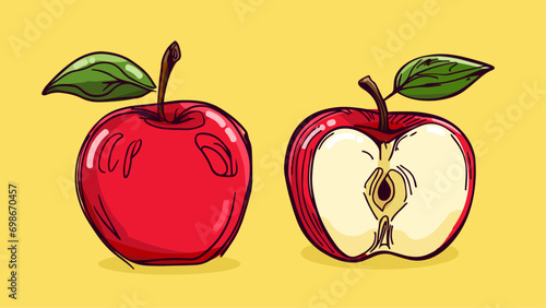 Set of Apple fruit, Vector illustration in one line sketch style, flat hand drawn sketch, Colorful fruit with shadow and light, isolated on colored background.