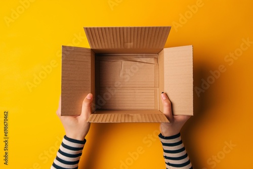 A person holding an open box with nothing inside.