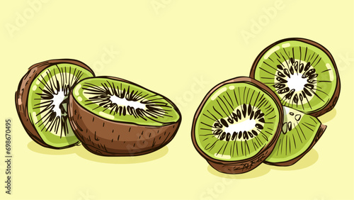 Set of Kiwi fruit, Vector illustration in one line sketch style, flat hand drawn sketch, Colorful fruit with shadow and light, isolated on colored background.