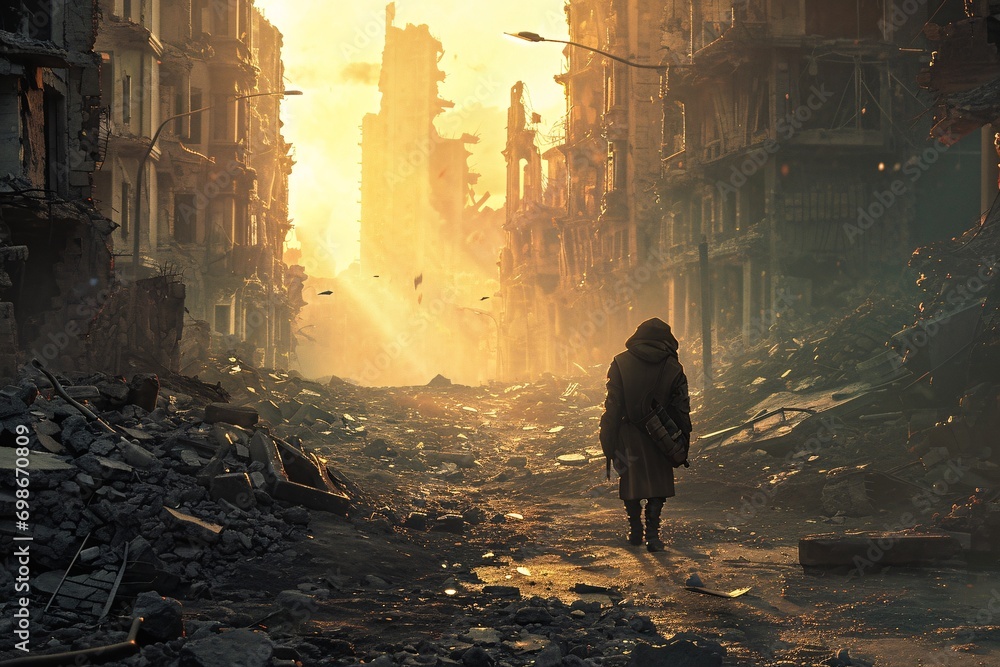 A person walking in a destroyed city