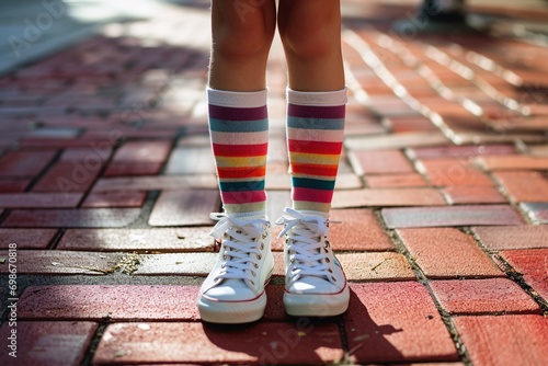 A young girl wearing colorful striped socks and white shoes