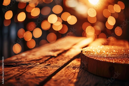 A wooden table with a guitar on it, set against a sunset backdrop