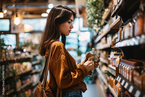 A woman shopping for olive oil in a grocery store