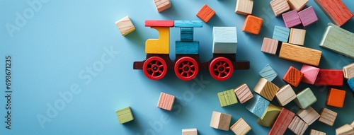 A colorful train toy with wooden blocks photo