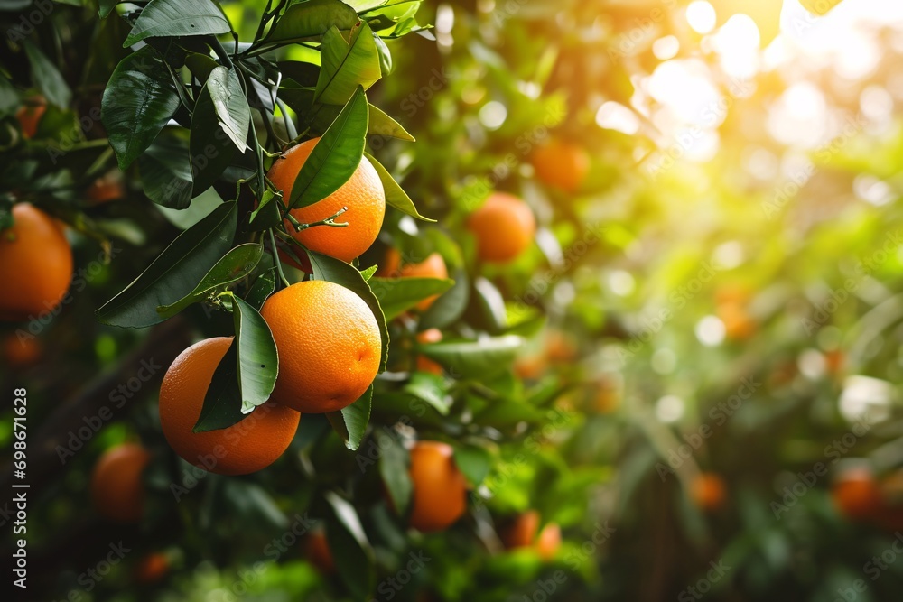 Bright sunlight shining on a tree full of oranges.
