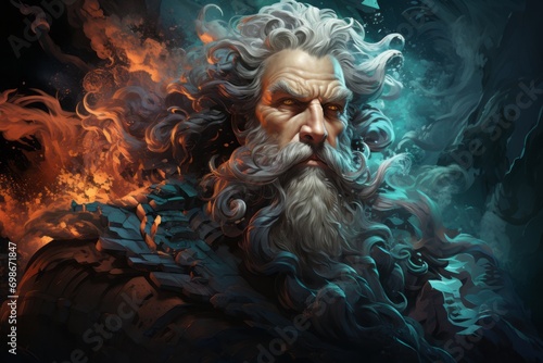 Neptune or Poseidon, God of the seas. Close-up portrait. Colorful illustration. photo