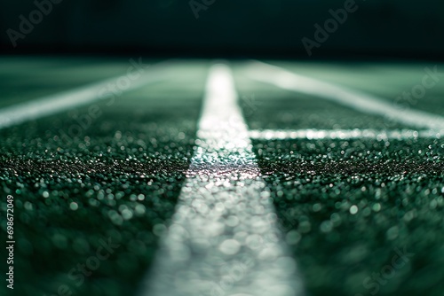 A green tennis court with a white line photo