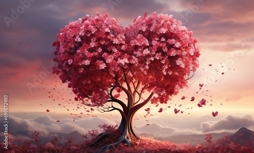 photo of a tree with heart-shaped leaves. nature celebrates love and valentine's day. Heart Tree Love For Nature Red Landscape At Sunset (generated by ia) © Elena