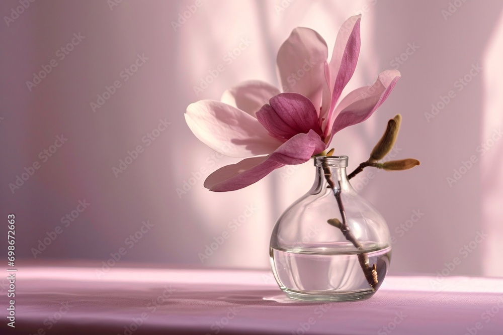 A glass vase with a pink flower in it.