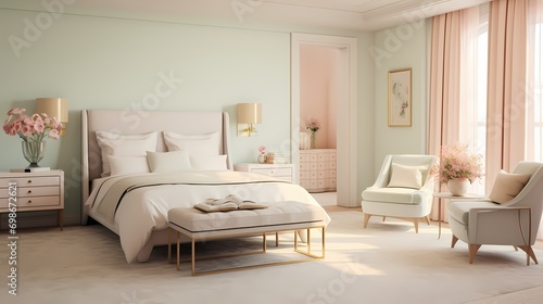 A serene bedroom boasting a plush  cream-colored bedspread against a backdrop of soft  mint-green walls and accents of blush pink  creating a soothing and elegant space.
