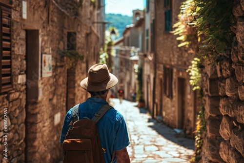 A man wearing a straw hat and carrying a backpack walks down a narrow alleyway in a small village.