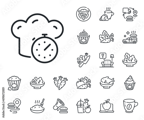 Frying stopwatch sign. Crepe, sweet popcorn and salad outline icons. Cooking timer line icon. Food preparation symbol. Cooking timer line sign. Pasta spaghetti, fresh juice icon. Supply chain. Vector