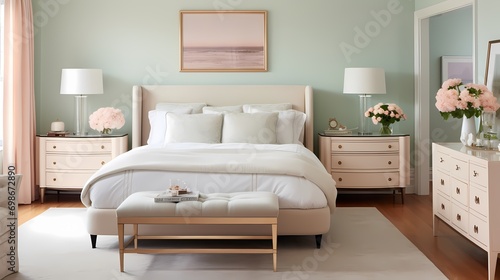 A serene bedroom boasting a plush  cream-colored bedspread against a backdrop of soft  mint-green walls and accents of blush pink  creating a soothing and elegant space.