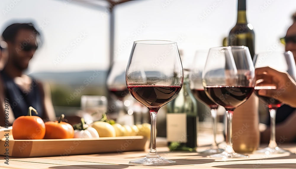 Photo & Art Print Happy friends drinking red wine sitting at