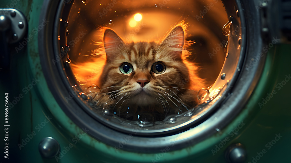 Curious Cat Peeking Out from Inside a Washing Machine