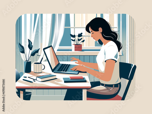 Woman sits at a desk working from home technology vector virtual meeting learning remote communication illustration