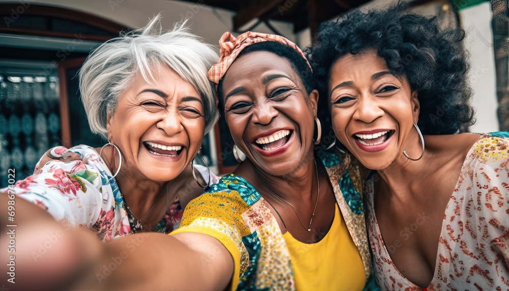 Fototapeta premium Three senior women taking selfie photo with smart mobile phone device outside , Happy aged people having fun together walking on city street , Life style concept with mature females hanging out